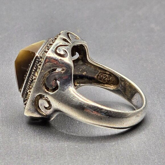 Sterling Silver 925 Smokey Quartz Marcasite Ring Size 8 Checkerboard Dome 7.02g - Picture 11 of 15